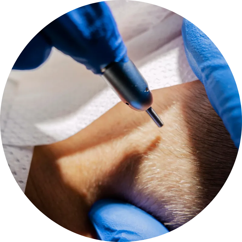 Entnahme von Grafts bei einer Haartransplantation in Nahaufnahme