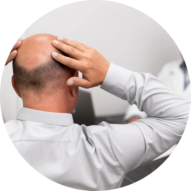Mann betrachtet seine Haarsituation vor einer Haaranalyse