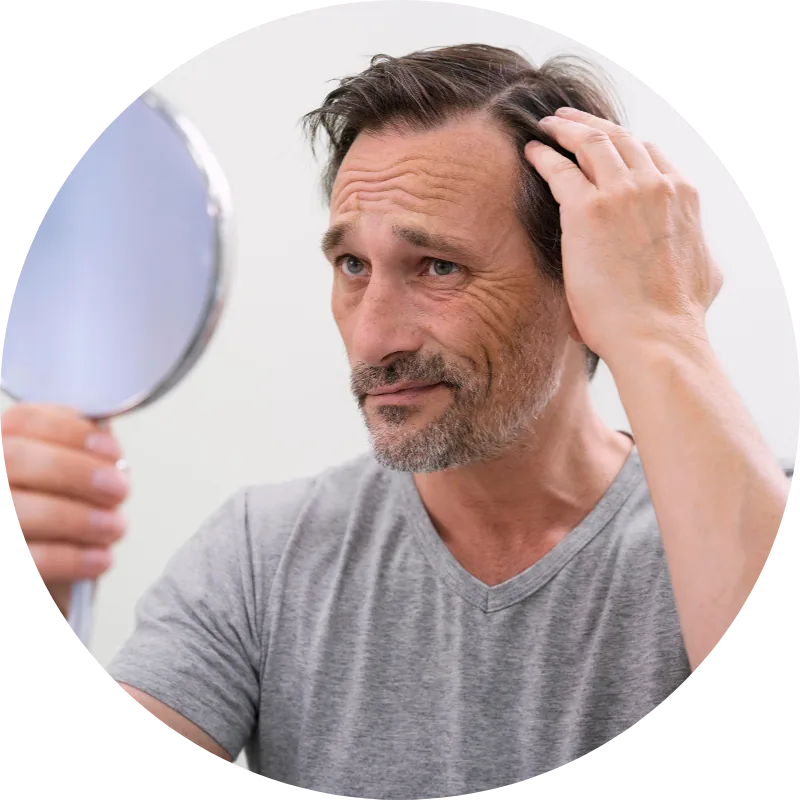 Mann kontrolliert seine Haare nach einer Haarbehandlung