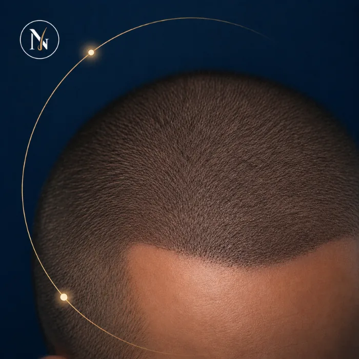 Illustrative Darstellung des Haarwachstums sechs bis neun Monate nach Haartransplantation