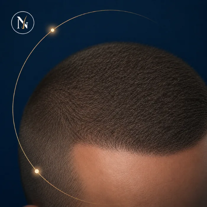 Illustrative Darstellung etwa zwölf Monate nach Haartransplantation